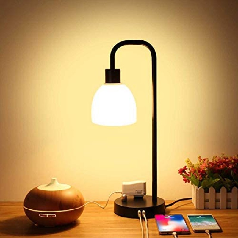 Zermurd Industrial Table Lamp, Stepless Dimmable Modern Bedside Lamp with Two USB Ports and AC Outlet Opal Glass Shade Black Vintage Nightstand Lamp for Bedroom Living Room Office, 7W Bulb Included