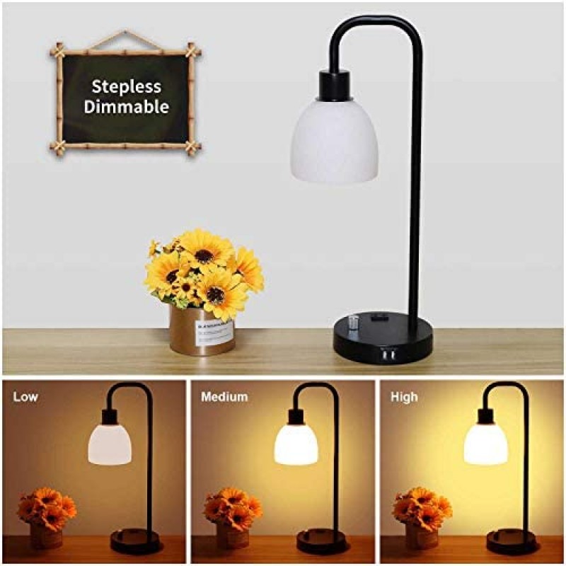 Zermurd Industrial Table Lamp, Stepless Dimmable Modern Bedside Lamp with Two USB Ports and AC Outlet Opal Glass Shade Black Vintage Nightstand Lamp for Bedroom Living Room Office, 7W Bulb Included