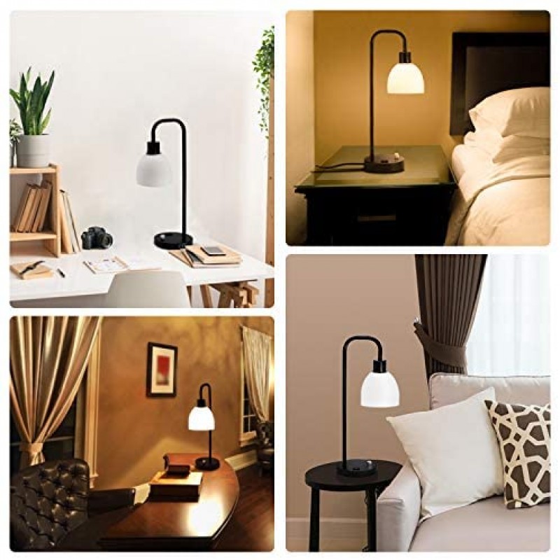 Zermurd Industrial Table Lamp, Stepless Dimmable Modern Bedside Lamp with Two USB Ports and AC Outlet Opal Glass Shade Black Vintage Nightstand Lamp for Bedroom Living Room Office, 7W Bulb Included
