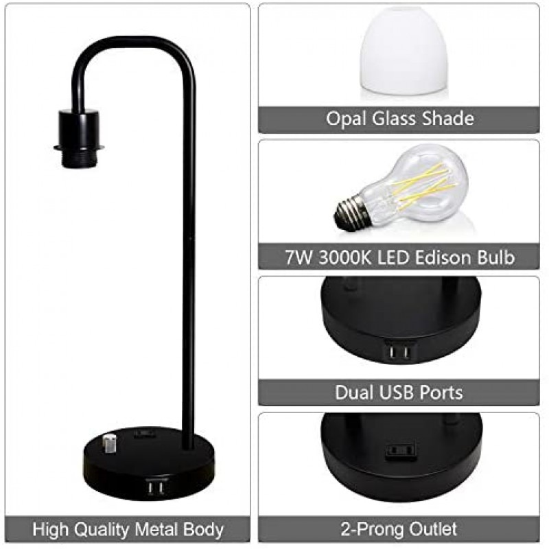 Zermurd Industrial Table Lamp, Stepless Dimmable Modern Bedside Lamp with Two USB Ports and AC Outlet Opal Glass Shade Black Vintage Nightstand Lamp for Bedroom Living Room Office, 7W Bulb Included