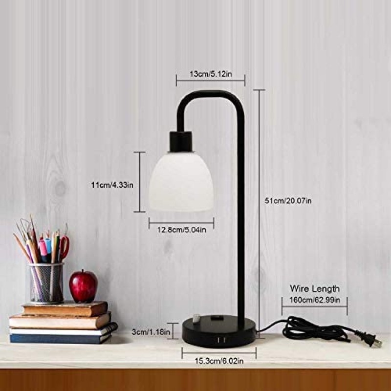 Zermurd Industrial Table Lamp, Stepless Dimmable Modern Bedside Lamp with Two USB Ports and AC Outlet Opal Glass Shade Black Vintage Nightstand Lamp for Bedroom Living Room Office, 7W Bulb Included