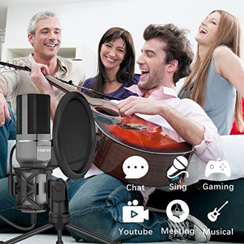 VIMVIP USB Condenser Microphone for Computer, USB PC Microphone & Mic Stand & POP Filter to Gaming, Streaming, Podcasting, Recording