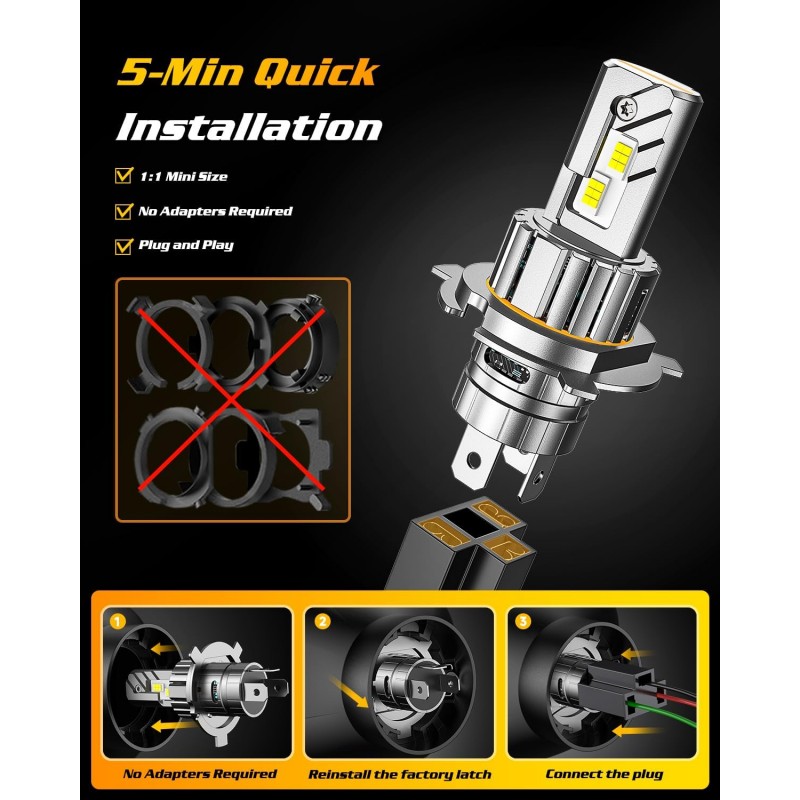 FAHREN H4/9003/HB2 LED Bulbs, 5000LM 900% [Modern & Brightest] Ultra-Bright Bulbs 360° Adjustable Quick Install, 1:1 Mini Size No Adapter Required H4 Light Kit bulb, Pack of 2