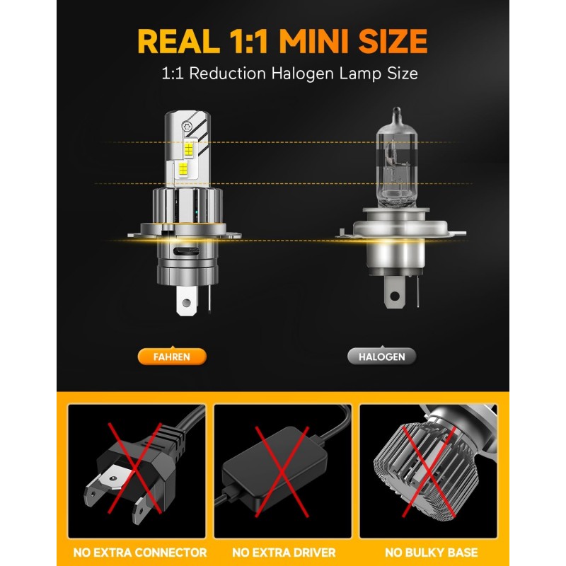 FAHREN H4/9003/HB2 LED Bulbs, 5000LM 900% [Modern & Brightest] Ultra-Bright Bulbs 360° Adjustable Quick Install, 1:1 Mini Size No Adapter Required H4 Light Kit bulb, Pack of 2